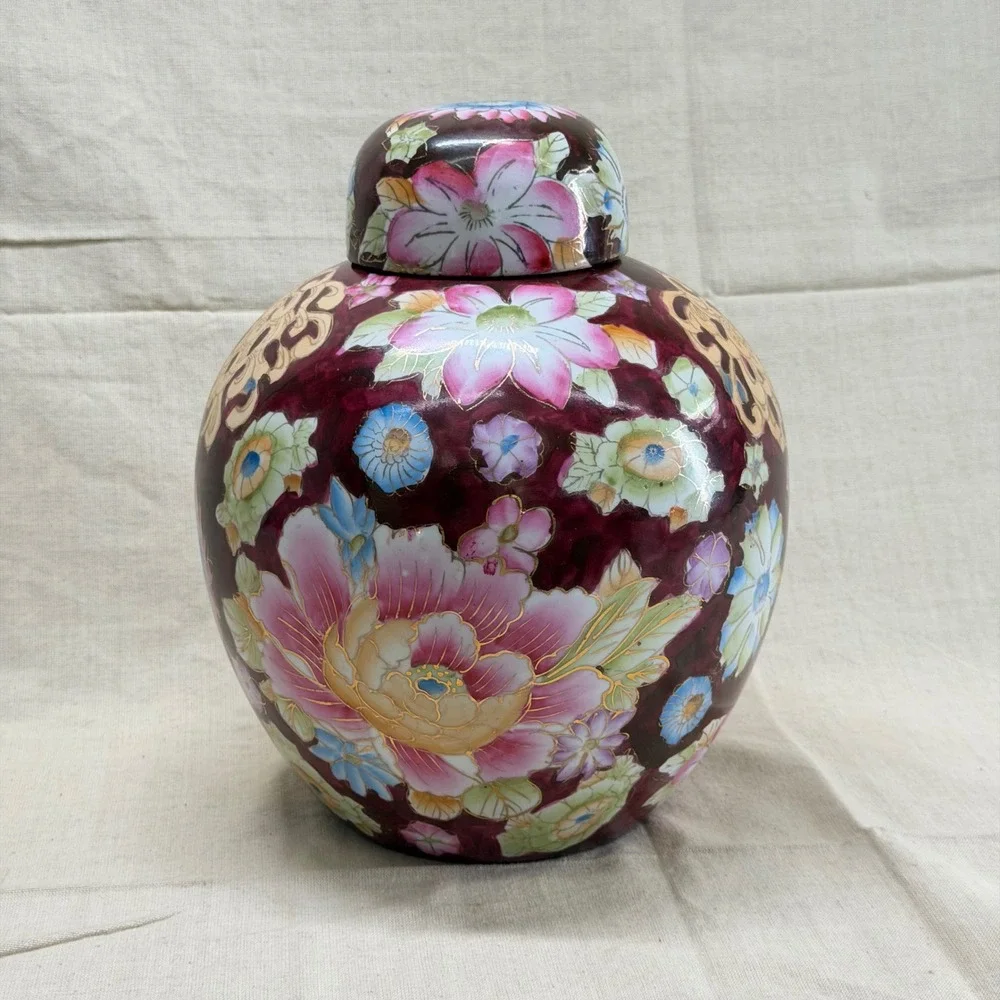 Vintage Floral Ginger Jar Oxblood Ceramic Lidded Vase Grandmillennial Decor